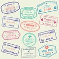 Custom and travel passport stamp set. International Airport visa stamps. Vector illustration